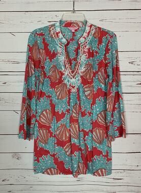Lilly Pulitzer Women's M Medium Pink Blue Beaded Coral Cute Tunic Top Blouse